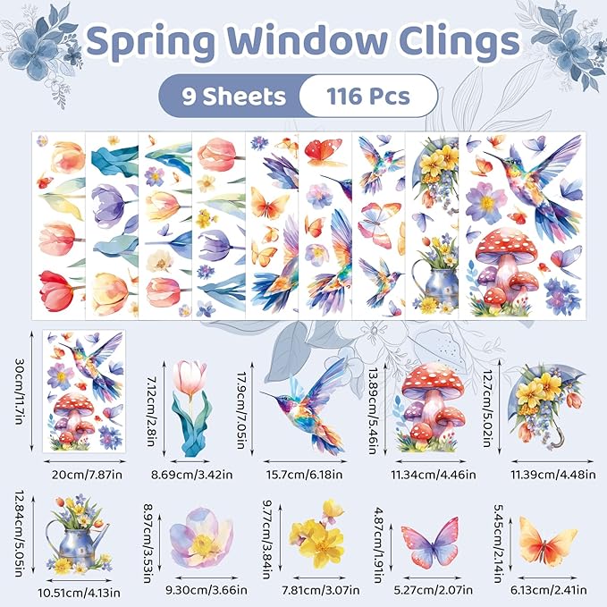 DC-BEAUTIFUL 116 PCS Spring Window Clings, 9 Sheets Double-Sided Hummingbird Butterfly Flower Easter Window Stickers, Reusable Static Floral Window Decals for Home School Office Party Decors