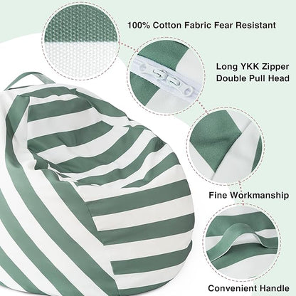 EXQ Home Kids Bean Bag Chairs Cover -Stuffed Animal Bean Bag Storage Green and White Stripes-Zipper Bean Bag for Organizing Children Plush Toys Holiday Gift for Girl,Boys