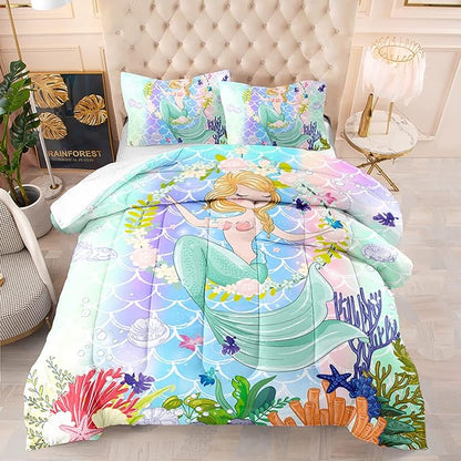 CVHOUSE Mermaid Comforter Set,Ocean Sea Mermaid Bedding Set for Girls Kids Teens,Mermaid Comforter Butterflies Duvet Set Room Decor Quilt Set Full Size