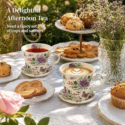 DOWAN 14 OZ Tea Cup & Saucer Set, Floral Mug with Lid, Ceramic Cappuccino/Latte Mug for Women, One Set