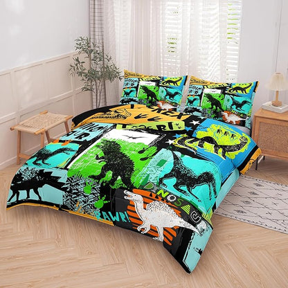 NINENINE Dinosaur Bedding Sets,Watercolor Dinosaur Comforter Set for boys kids,Full Size Comforter Sets for Kids,Colorful Plaid Bedding Set with 1 Comforter 2 Pillowcases…