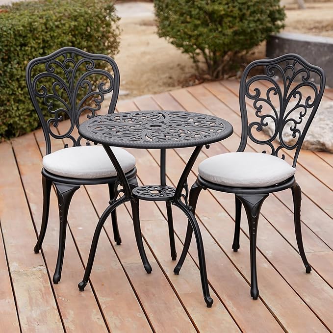 Patio Bistro Set 3 Piece Outdoor, All Weather Bistro Table and Chairs Set of 2 with Umbrella Hole, Outdoor Bistro Set with Cushions, Cast Aluminum Patio Furniture Set for Garden Porch
