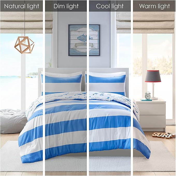 Mizone Kids Blake Reversible Dolphin Comforter Set - Adventure Animal Adorable Print with Stripe Reverse, Fun Bedroom Décor, Modern All Season Kids Bedding, Matching Sham, Full/Queen, Blue 3 Piece