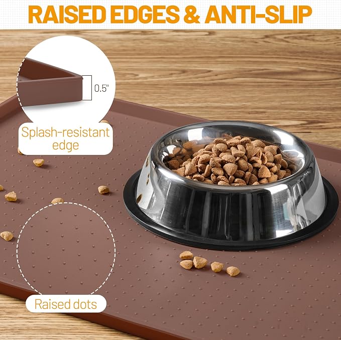 Hubulk Dog Feeding Mat,100% Waterproof Food Grade Silicone Pet Food and Water Bowl Placemat,Dishwasher, High Raised Edge to Prevent Spills,Nonslip Tray to Stop Messes on Floor（24"x16"x0.5", Brown）