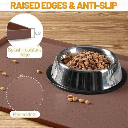 Hubulk Dog Feeding Mat,100% Waterproof Food Grade Silicone Pet Food and Water Bowl Placemat,Dishwasher, High Raised Edge to Prevent Spills,Nonslip Tray to Stop Messes on Floor（24"x16"x0.5", Brown）