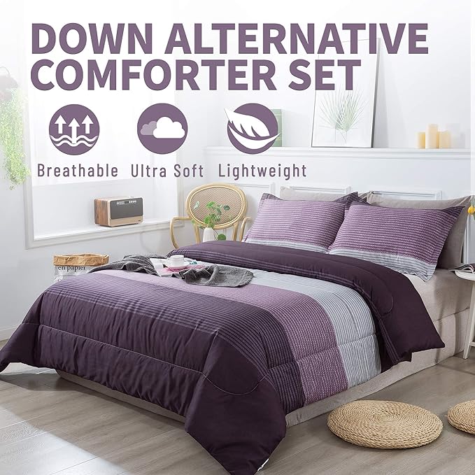 Andency Stripe Comforter Set King Size (104x90 Inch), 3 Pieces Purple and Gray Patchwork Striped Comforter, Soft Microfiber Down Alternative Comforter Bedding Set with Corner Loops