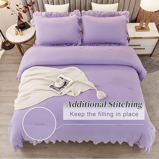 Andency Lavender Ruffle Comforter Queen(90x90Inch), 3 Pieces(1 Ruffled Comforter and 2 Pillowcases) Solid Farmhouse Shabby Chic Comforter, Vintage Rustic Soft Microfiber Bedding Set