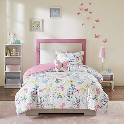 Mi Zone Kids Cynthia Comforter for Girls Microfiber Animal Butterfly Print, Modern All Season Down Alternative Kids Bed Set, Matching Sham, Decorative Pillow, Twin, Pink 3 Piece