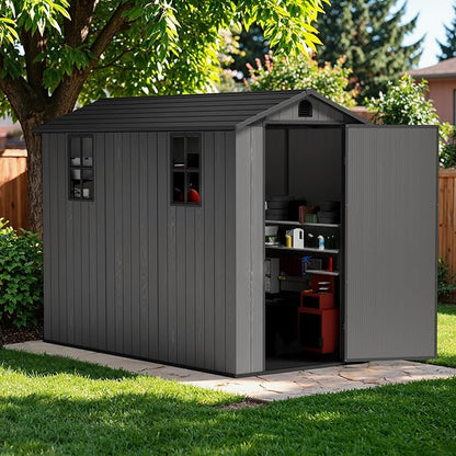 Greesum 4x8FT Plastic Outdoor Storage Shed with Floor, Resin Storaged Sheds with Lockable Door, Window & Vent, All-Weather Tool Sheds for Garden, Backyard, Patio, Dark Gray (One-Piece Panel)