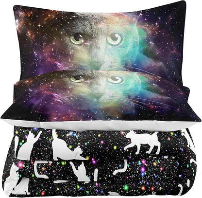 Tailor Shop Cat Comforter Set for Kids Boys Girls Teens Cute Cartoon Cat Galaxy Bedding Sets Black Dreamy Outer Space Twin Size with 1 Comforter 1 Pillow Sham…………