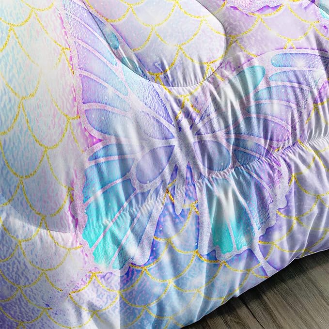 CVHOUSE Butterfly Comforter Set Queen Size,Rainbow Mermaid Butterfliy Bedding Set for Kids Girls,Rainbow Mermaid Butterflies Quilt Set Butterfly Duvet Set Girl's Bedroom Decor 3 Pieces, Eebttaf075