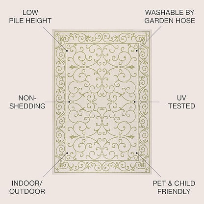 JONATHAN Y Vintage Filigree Indoor Outdoor Square Area Rug 5X5 Cream/Green, Charleston Textured Weave for Backyard, Patio, Porch, Easy-Cleaning, High Traffic, Pet-Friendly, Non-Shedding (SMB106I-5SQ)