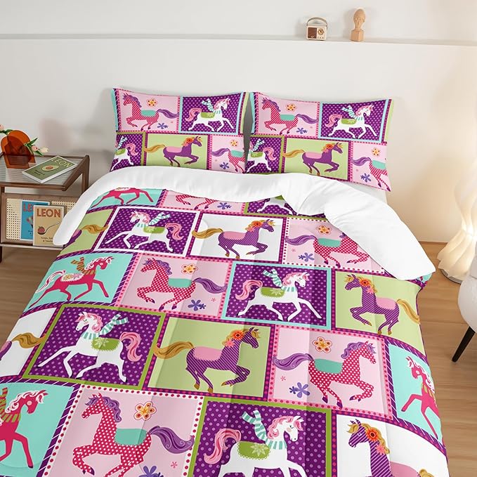 HOSIMA 3Pcs Kawaii Kids Horse Comforter Set with 2 Pillowcases,Colorful Dots Style Twin Bed in a Bag Sets for Adults Teens,Horse Pony Twin Comforter Princess Toddler Bedding Set.