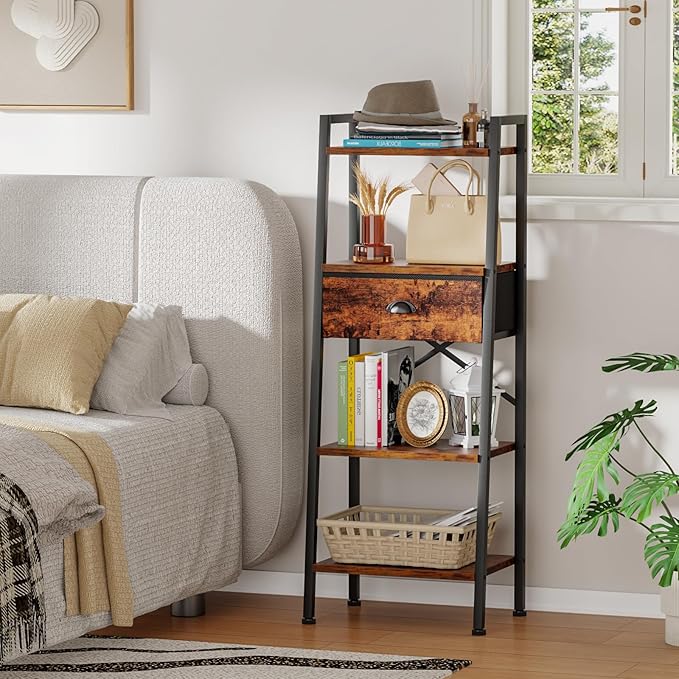 Furologee 4 Tier Ladder Shelf, Narrow Ladder Book Shelf with Drawer, Modern Bookcase Freestanding Shelf Units, Storage Shelves Organizer for Bedroom, Living Room, Bathroom, Home Office, Rustic Brown