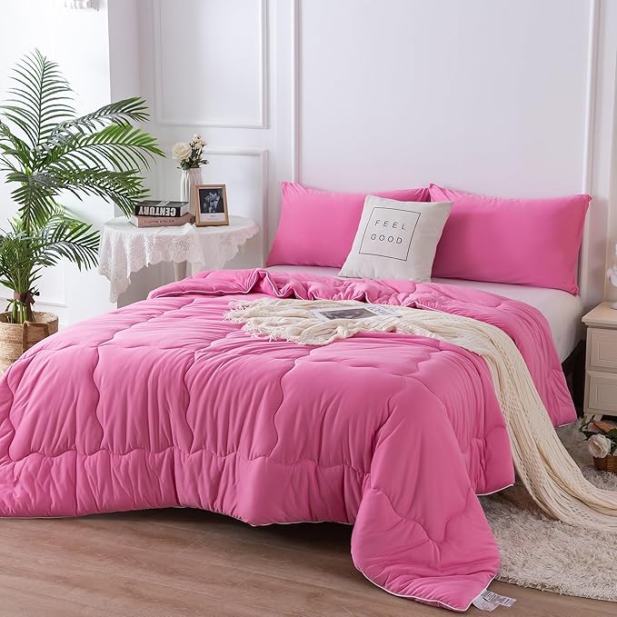 COTTEBED Rose Pink Comforter Queen Size, Jersey Knit T-Shirt Feel Ultra-Soft Cute Cozy Durable Lightweight Bedding Blanket Down Conforter Set and Pillowcase for Women Girl All Season Use Full/Queen