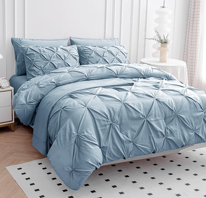 Lane Linen California King Comforter Set, 7 Piece Cal King Bed in a Bag, Pintuck Cal King Bedding Set, Soft Cali King Bed Set, Cal King Bed Comforter Set with Sheets, Pillowcases & Shams - French Blue