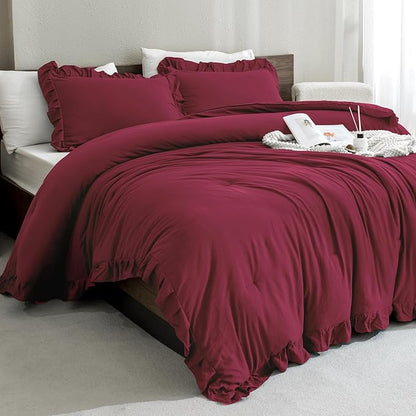 Andency Burgundy Comforter Set King, 3 Pieces Farmhouse Shabby Chic Ruffle Comforter, Lightweight Fluffy Soft Microfiber All Season Solid Bed Comforter Set (1 Ruffle Comforter & 2 Pillowcases)