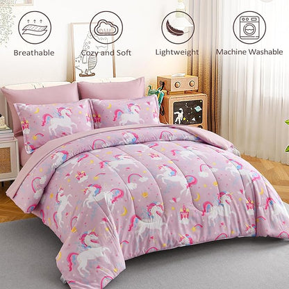 Kids Comforter Twin Bedding Sets for Girls, 6 Pieces Bed in a Bag with Shams, Sheet Set, Pink Unicorn Double Soft Microfiber Kids Comforter Bedding Set