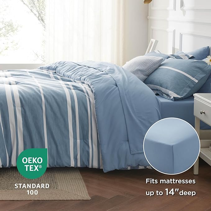 Bedsure Full Size Bed Sets 7 Pieces - Blue Striped Beddubg All Season Comforter Set, Bed in a Bag with 1 Comforter, 2 Sheets, 2 Pillowcases & 2 Shams