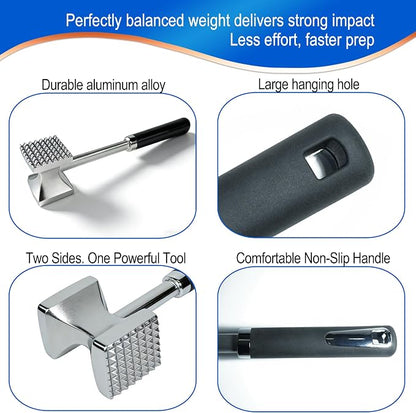Aluminum Meat Tenderizer Hammer, Dual-Sided Meat Mallet with Grip | Dual-sided aluminum meat tenderizer with textured and smooth sides for tenderizing, flattening, and crushing meats and foods