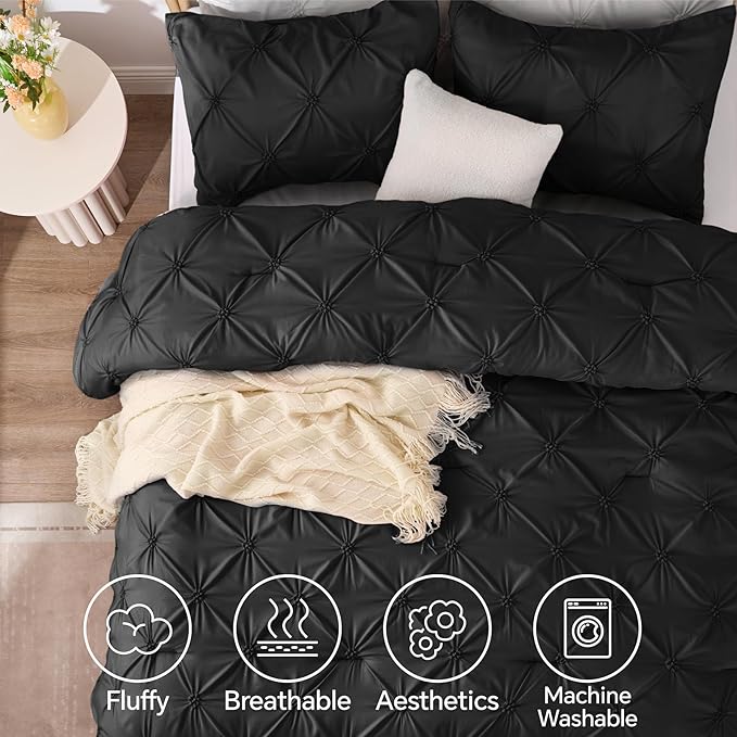 BEDELITE Black Comforter Set Queen - 3 Pieces Boho Pintuck Bedding Comforter Sets, Lightweight Soft & Warm Bed Comforter Queen with 2 Pillowcases for All Season