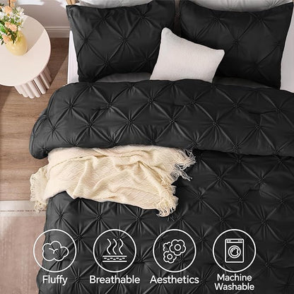BEDELITE Black Comforter Set Queen - 3 Pieces Boho Pintuck Bedding Comforter Sets, Lightweight Soft & Warm Bed Comforter Queen with 2 Pillowcases for All Season