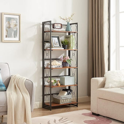 VECELO Folding Bookshelf,5 Tier Bookcase Foldable Easy Assembly, Industrial Book Shelf Storage Organizer with X Metal Frame and Anti-Toppling Design,1 Set