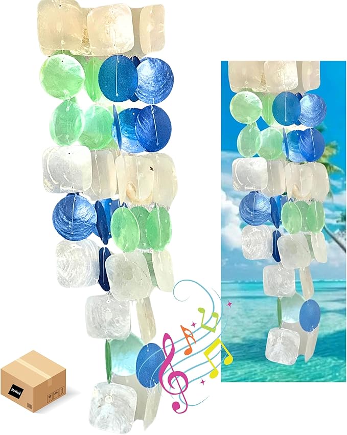 Bellaa 22906 Wind Chimes Outdoor, Garden Decorations, Musical, Indoor/Outside Windchimes, Beach, Ocean Breeze, Gifts for Mom, Gift for All Occasions, Capiz Sea Glass Shells Wood White Blue Green