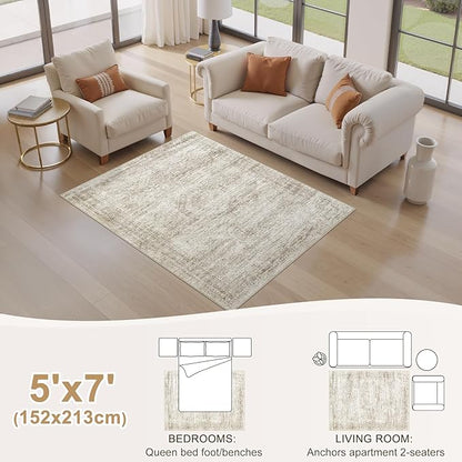 Washable Area Rugs for Living Room -5x7 Neutral Vintage Distressed Floral Farmhouse Boho Large Soft Floor Rug Indoor Non Slip Carpet for Living Room Bedroom Dining Room Office-Beige