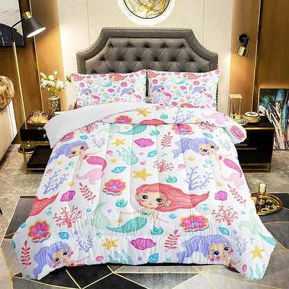 Mermaid Comforter Set Twin Size Fairy Tale Sea Shell Grass Bedding Set Starfish Quilt Bed Set for Kid Girls with 1 Comforter and 2 Pillowcases