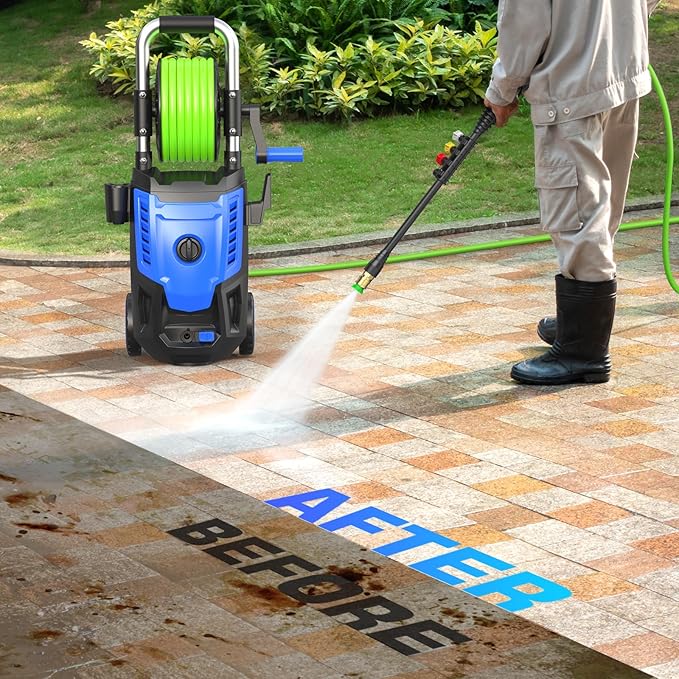 4800 PSI Pressure Cleaner- 4.0 GPM High Power Cleaner with 33FT Hose Reel, 4 Spray Tips and Soap Bottle for Car Washing, Fence Cleaning, Patio Maintenance（Upgraded）(Blue)