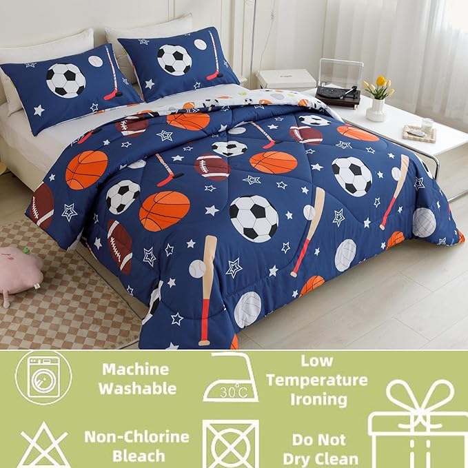 RYNGHIPY Kids Sports Theme Bedding Set, Basketball Football Baseball Tennis Print Comforter Set for Teens Boys Girls, Super Soft Lightweight (Balls,Queen)