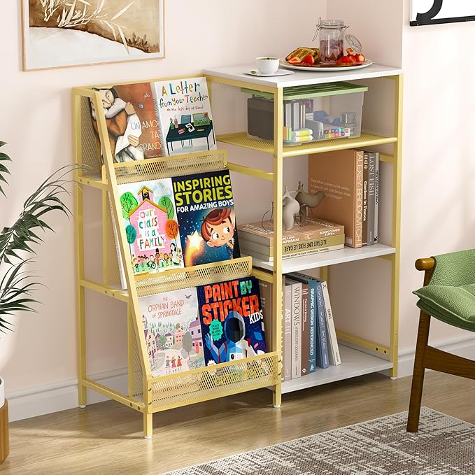 Vintage Bookshelf, Wooden Kids Bookshelf with 3-Tier Ladder Book Display Rack, Small Book Shelf Library Bookcase Storage Organizer, Short Wide Small Bookshelf Bookcase for HomeOffice