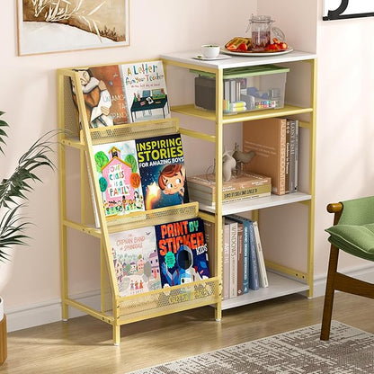 Vintage Bookshelf, Wooden Kids Bookshelf with 3-Tier Ladder Book Display Rack, Small Book Shelf Library Bookcase Storage Organizer, Short Wide Small Bookshelf Bookcase for HomeOffice
