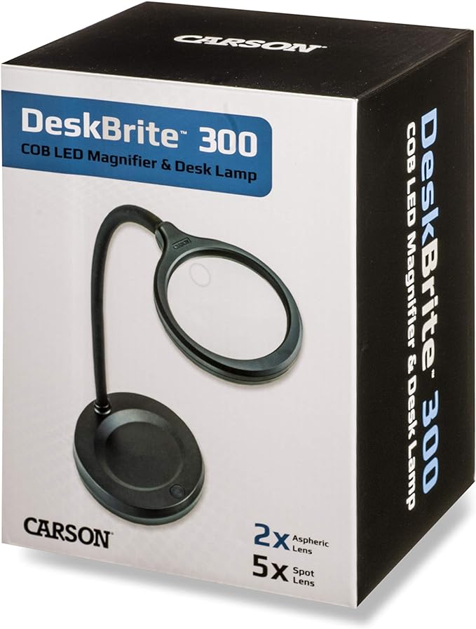 Carson DeskBrite300 COB LED Lighted 2x Aspheric Magnifier & Desk Lamp with 5x Spot Lens with Included USB-C Power Adapter, Black (LM-30)