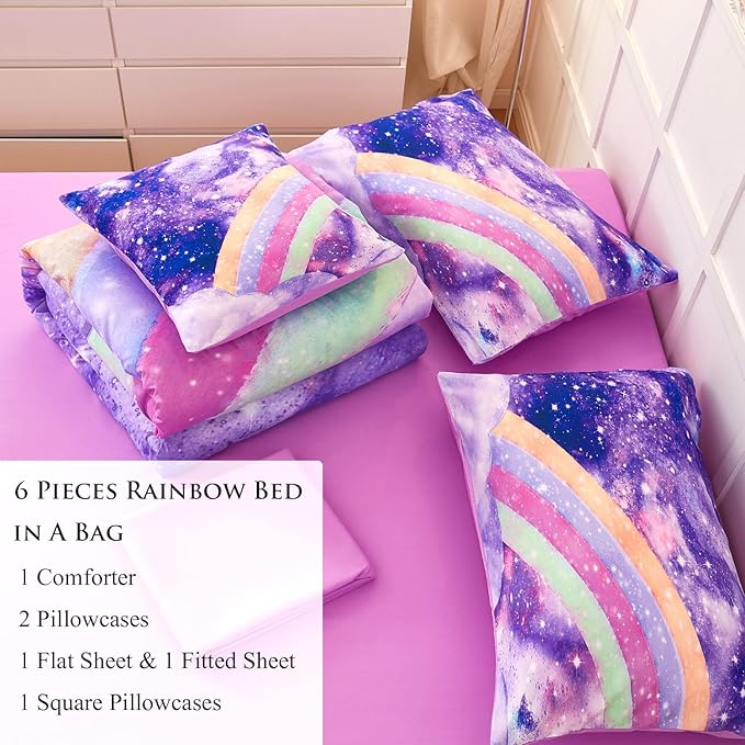 6Pcs Purple Rainbow Twin Size Bedding Set for Girls Gradient Glitter Kids Comforter Sets Tie Dye Girls Bed Set Sparkle Galaxy Bed in A Bag with Sheets