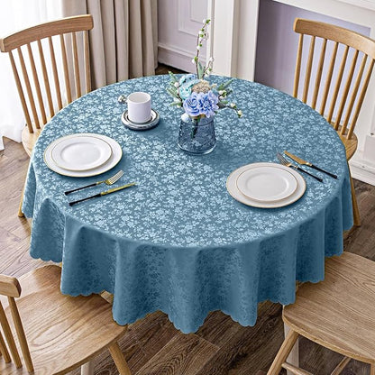 Smiry Round Waterproof Heavy Duty Vinyl Tablecloths, 60 x 60 Inch | Wipeable Washable Floral Embossed Table Cover for Kitchen and Dining Room, Indoor & Outdoor Use, Stone Blue