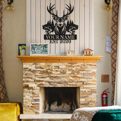 Personalized Custom Forest Deer and Fish Wall Decor, Metal Signs, Black Metal Wall Art, Custom Name Signs for Dad's Shed, Camping and Hunting Decor