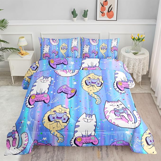 Datura home Cat Comforter Set Blue Kawaii Cat Printed Quilt Bedding Set with 1 Comforter and 2 Pillowcases for Boys and Girls Bedroom All Season(Blue Cat Queen)