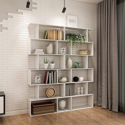 Yusong S Shaped Bookshelf, Modern Geometric Bookcase, 6-Tier White Display Case Book Shelf