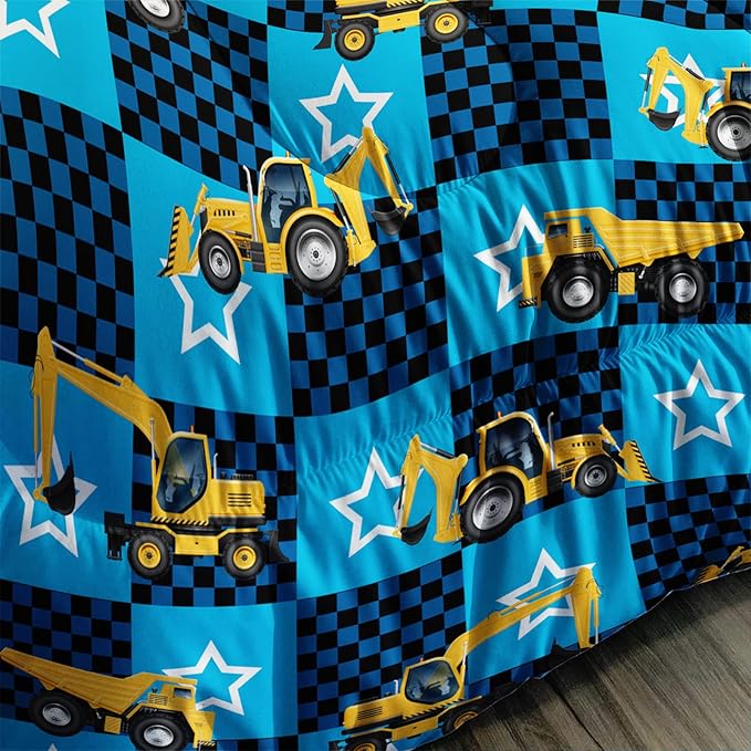 Axolotl Excavator Comforter Set Full Size,Blue Plaid Comforter Set with Star,Excavator Bedding Set for Kids Boys Teens,Construction Vehicle Comforter Set for Boys,1 Quilt 2 Pillowcases