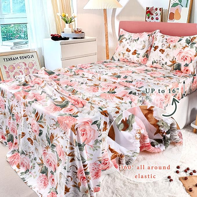 DILIMI Twin Comforter Set for Girls, Reversible Pink Floral Comforter Twin Size Bed, 5 Pieces Ultra Soft Twin Bedding Sets with Comforter, Flat Sheet, Fitted Sheet, 2 Pillowcase