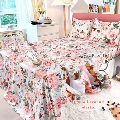 DILIMI Full Size Comforter Set for Girls, Reversible Comforter Full Size, 5 Pieces Ultra Soft Pink Floral Full Size Bed Comforter Sets with Sheet, Comforter, Flat Sheet, 2 Pillowcase
