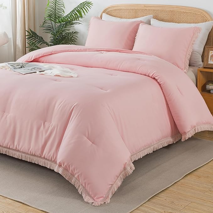 Andency Pink Comforter Set King Size for Girls, Boho Women Tassel Lightweight Bedding Comforter Sets, 3 Pieces All Season Soft Fluffy Fringe Bed Set (104x90In Comforter & 2 Pillowcases)