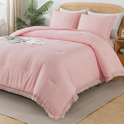 Andency Pink Comforter Set King Size for Girls, Boho Women Tassel Lightweight Bedding Comforter Sets, 3 Pieces All Season Soft Fluffy Fringe Bed Set (104x90In Comforter & 2 Pillowcases)