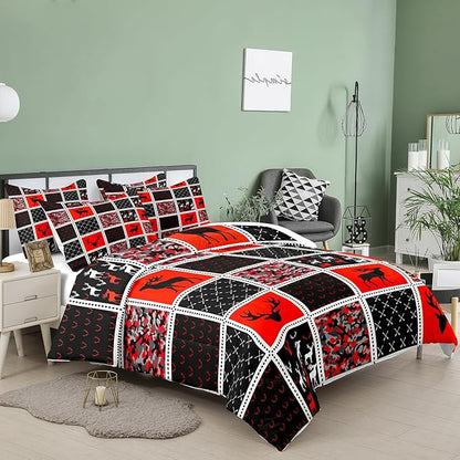 Tailor Shop Deer Comforter Sets for Kids Boys Teens Camo Comforter Sets Queen Black and Black Red Bedding Set Room Decor, with 2 Pillowcase