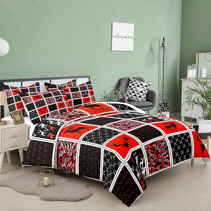 Tailor Shop Deer Comforter Sets for Kids Boys Teens Camo Comforter Sets King Red and Black Bedding Set Room Decor with 2 Pillowcase