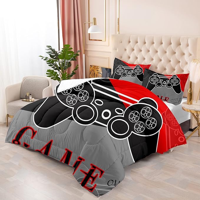 Gaming Bedding Sets for Boys Bedroom Soft Video Gamer Comforter Set Queen Size Black Red Game Controller Beddings for Kids Teens 1 Comforter and 2 Pillowcases