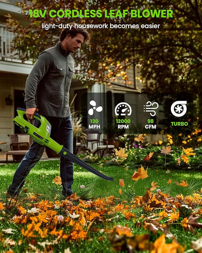 HARDELL Leaf Blower, 18V Small Leaf Blower Cordless with 2.0Ah Battery & Fast Charger, Lightweight Electric Leaf Blower for Lawn Care, Patio, Blowing Leaves, Green