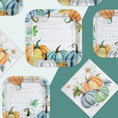 Grencian 200Pcs Fall Plates and Napkins Square Blue Pumpkins Plate Thanksgiving Paper Plates Pumpkin Wood Grain Dinnerware for Baby Shower Fall Harvest Family Thanksgiving Party Decorations, Serves 50